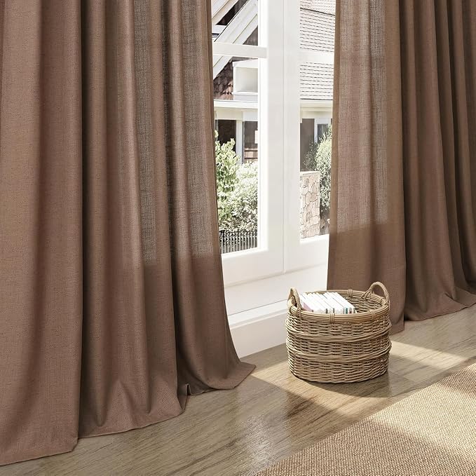 Caramel Brown Linen Curtains for Living Room 98 Inches Long Back Tab and Rod - Image 5