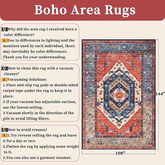 SERISSA Washable Rugs 9x12 Area Rugs, Large Non-Slip Boho Living Room Rust Rug - Image 2
