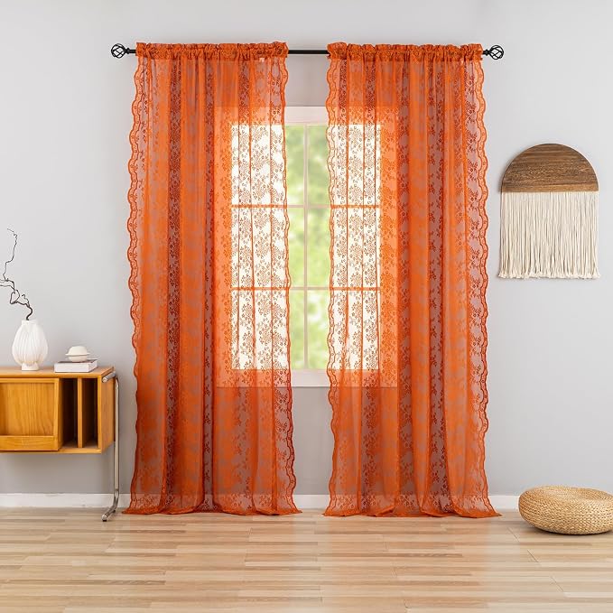 YJ YANJUN Vintage Lace Curtains 102 Inches Long-Rust Retro Floral Burnt Orange - Image 2