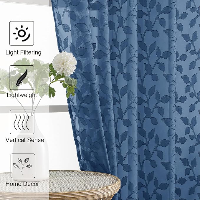 Chyhomenyc Dusty Blue Sheer Curtains 36 Inch Length, Light Filtering Leaf - Image 3