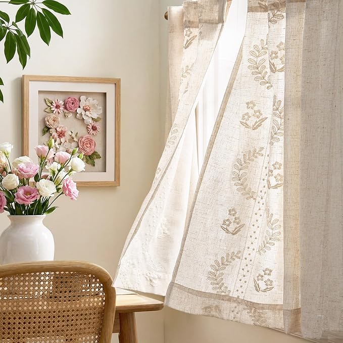jinchan Belrose Linen Floral Kitchen Curtains 36 inch Length Embroidered - Image 4