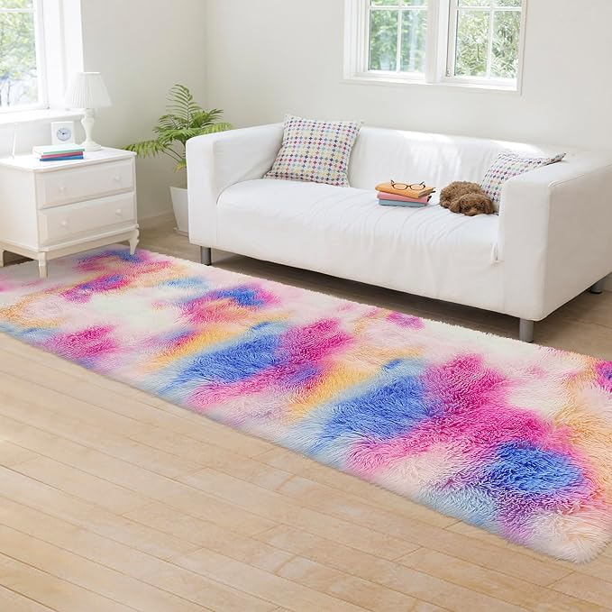 Fluffy Colorful Rug for Bedroom 2x8 ft Kawaii Tie-Dyed Area Rug Non Slip Cute - Image 3