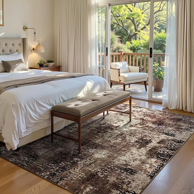 Area Rug 4x6 Brown Rug Washable Boho Rugs Non Slip Low Pile Abstract Coffee - Image 3