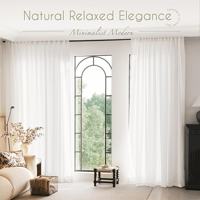 White Curtains 96 inches Long 2 Panels Back Tab Light Filtering Cotton Textured - Image 6