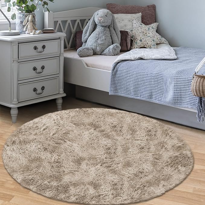 Camel Round Rugs for Bedroom: 4ft Circle Fluffy Shag Soft Washable Rug Small - Image 8