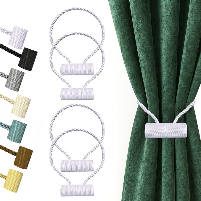 Hion Magnetic Curtain Tiebacks White 4 Pack, Curtain Tiebacks Buckles Holdbacks by Hion
