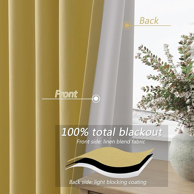 Guken Yellow 100% Blackout Linen Curtains 63 Inch Length 2 Panels Set - Image 3