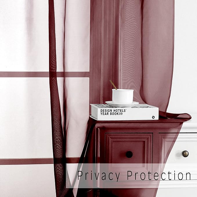 OVZME 2 Panels Window Burgundy Sheer Curtains 42" x 45" Inches - Image 5