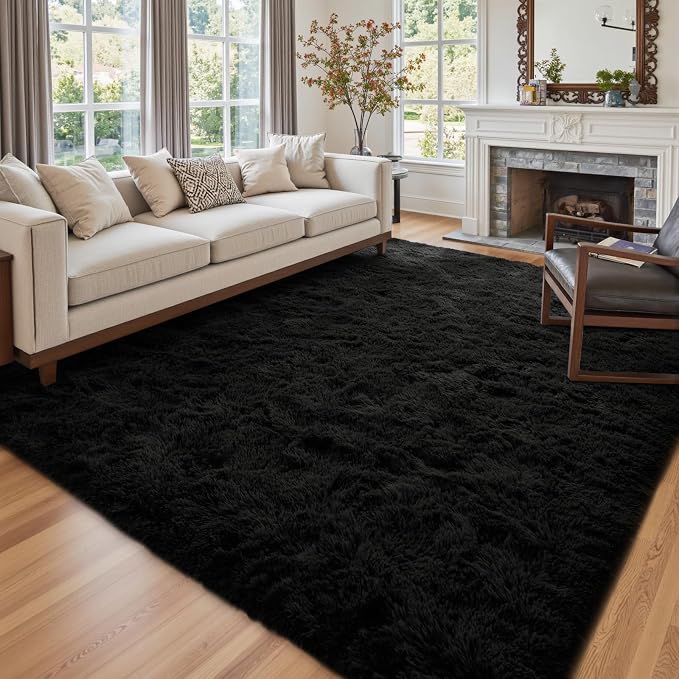 8x10 Ft Large Shag Black Rug for Living Room, Ultra Soft Fluffy Furry Area Rugs by Cuzwlovita