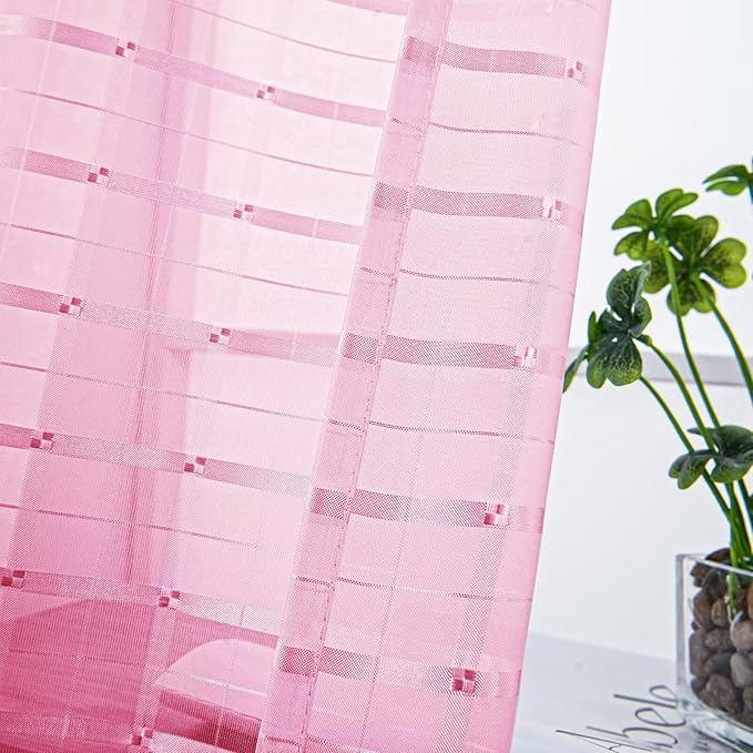 SpaceDresser Check Sheer Curtains 45 Inches 2 Panels Set, Rod Pocket Plaid - Image 2