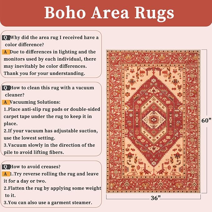 SERISSA Area Rug 3x5 Boho Rugs for Bedroom, Washable Non-Slip Living Room Rug - Image 2
