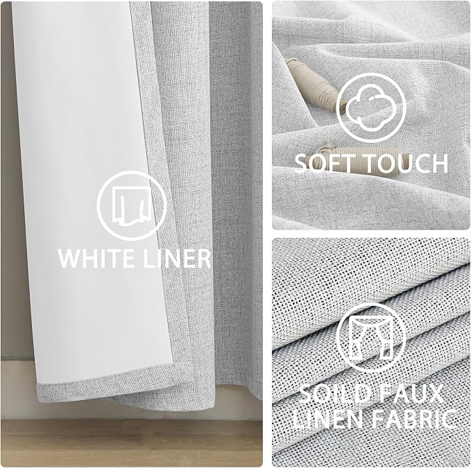 Yakamok White Linen Curtains 100% Blackout 90 Inches Long, Room Darkening - Image 6