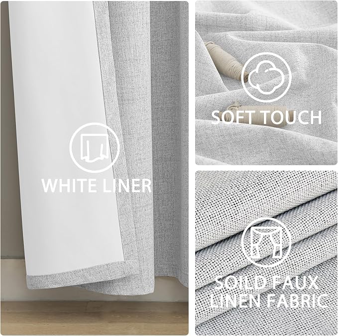 Yakamok White Linen Curtains 100% Blackout 63 Inches Long, Room Darkening - Image 5