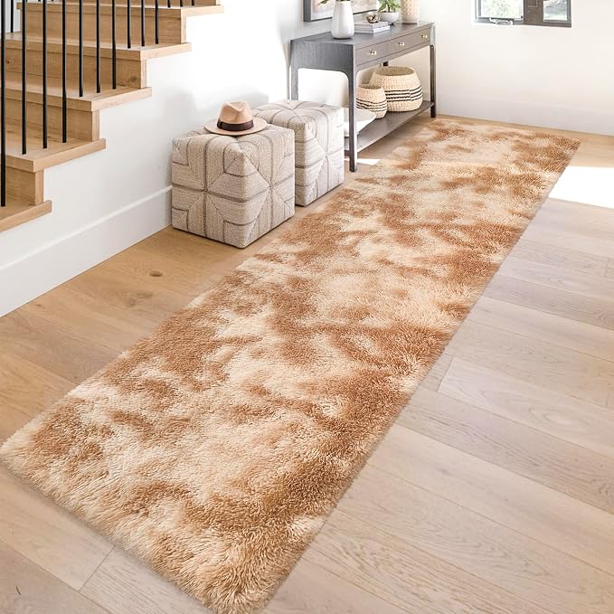 Super Soft Fluffy Living Room Area Rugs 2x10 ft Tie-Dyed Beige Shaggy Furry - Image 3