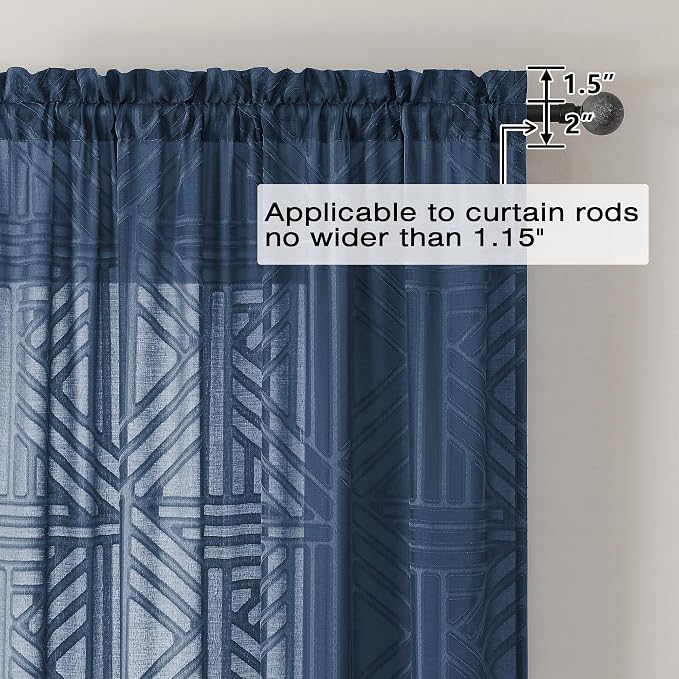 Simplebrand Navy Blue Semi Sheer Curtains 45 Inch Length 2 Panels, Geometric - Image 4
