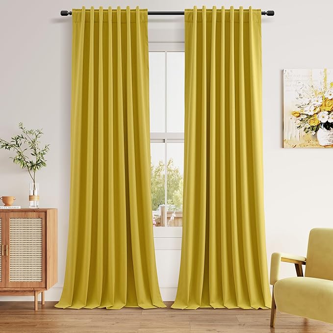 Guken Celery Yellow 100% Blackout Linen Curtains 102 Inch Length 2 Panels Set by Guken