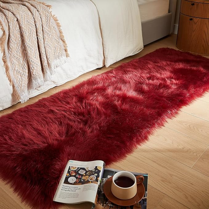 AMTOVO Faux Fur Rug, Burgundy Ultra Soft Fluffy Shag Sheepskin Rug, 2 x 6 ft by AMTOVO