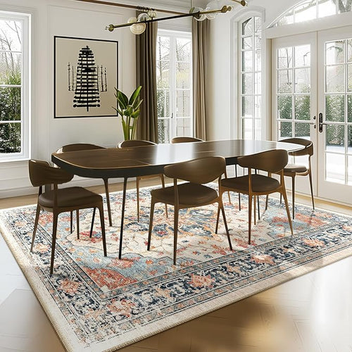 Area Rugs 7'x9' Washable Non-Slip, Floral Vintage Distress Print Pattern by RELEANY