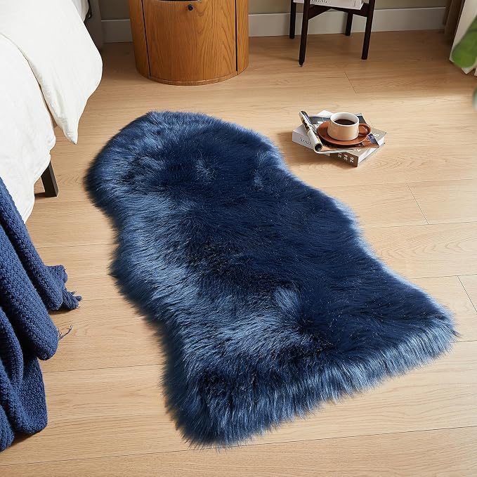 AMTOVO Faux Fur Rug, Dark Blue Area Rug, Fluffy Sheepskin Rug, Fuzzy Ultra Soft - Image 4