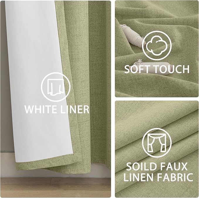 Yakamok Sage Green Linen Curtains 100% Blackout 72 Inches Long, Room Darkening - Image 6