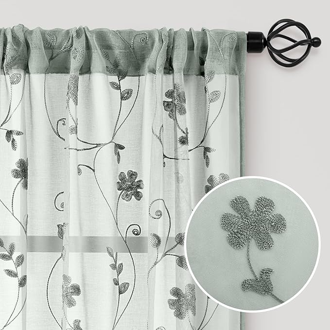 HOMEIDEAS Sage Green Sheer Curtains 84 Inches Long 2 Panels Embroidered Floral - Image 4