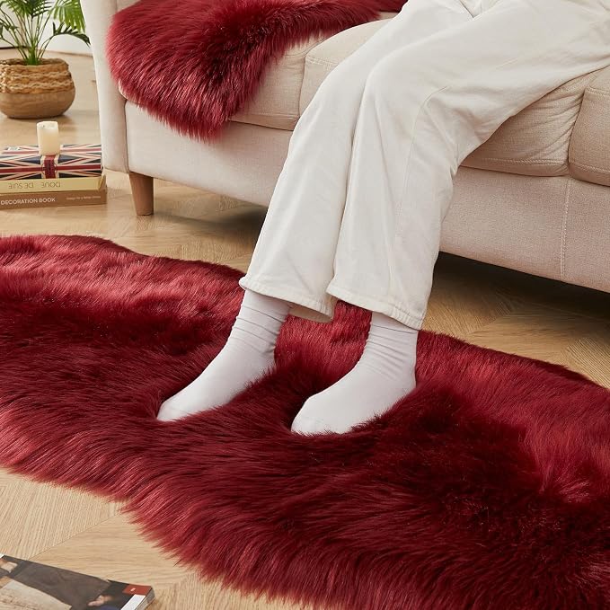 AMTOVO Faux Sheepskin Rug, Burgundy Ultra Soft Fluffy Shag Area Rug, 2 x 6 ft - Image 8