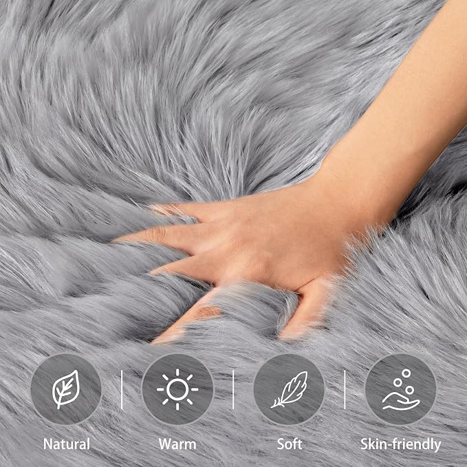Ciicool Faux Sheepskin Rugs Soft Faux Fur Rug Grey Fluffy Chair Couch Cover - Image 4