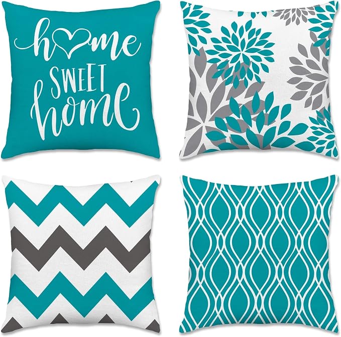 Hexagram Geometric Teal Pillow Covers 16x16 Set of 4, Decorative Outdoor Boho by Hexagram