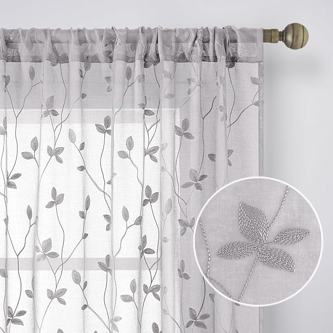 HOMEIDEAS Light Grey Sheer Curtains 52 X 63 Inches Length 2 Panels Embroidered - Image 4