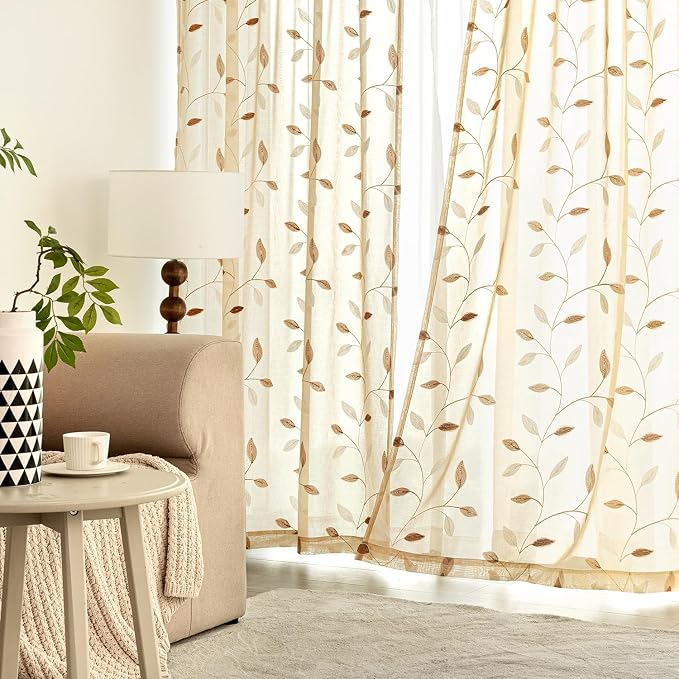 MIULEE Beige Sheer Kitchen Curtains 30x36 Inches Length 2 Panels Embroidered - Image 3