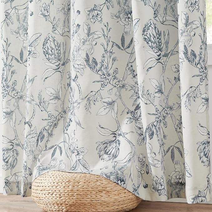 jinchan Floral Curtains 90 Inch Length Blue Flower Linen Farmhouse Curtain - Image 8