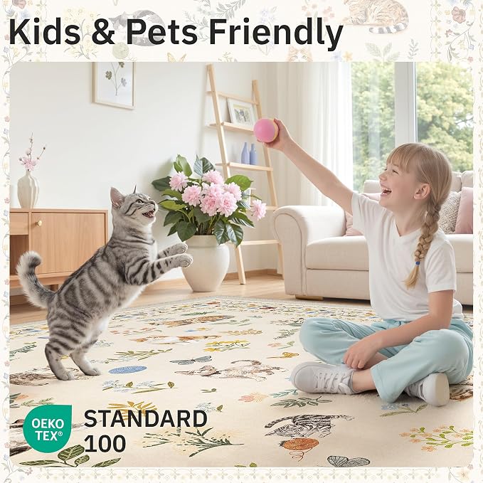Cat 8x10 Area Rugs for Living Room, Machine Washable Animal Floral Vintage Rug - Image 5