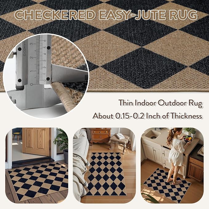 Lahome Colette Checkered Easy Jute Kitchen Rug, 2x3 Indoor Door Mat Small - Image 4