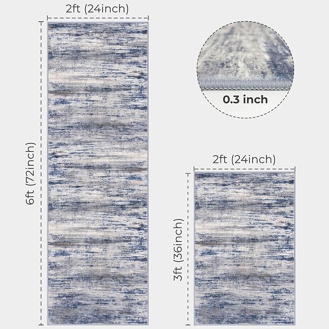 KOZYFLY Modern Abstract Area Rugs 2PCS 2x3 and 2x6 Blue-Grey Machine Washable - Image 2
