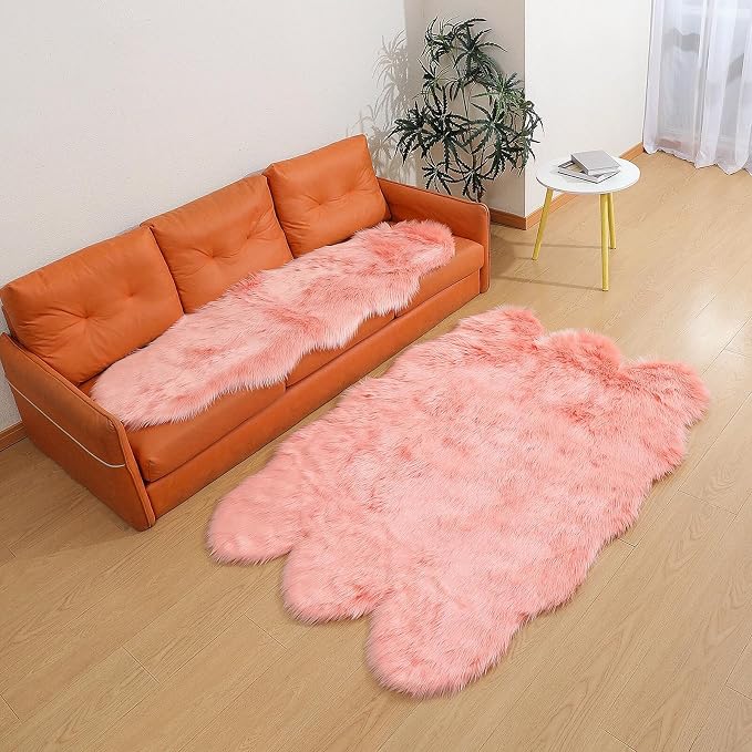 linmopm Faux Fur Rug Sheepskin Shag Fluffy Fuzzy Pink 4x6 ft Rugs - Image 2