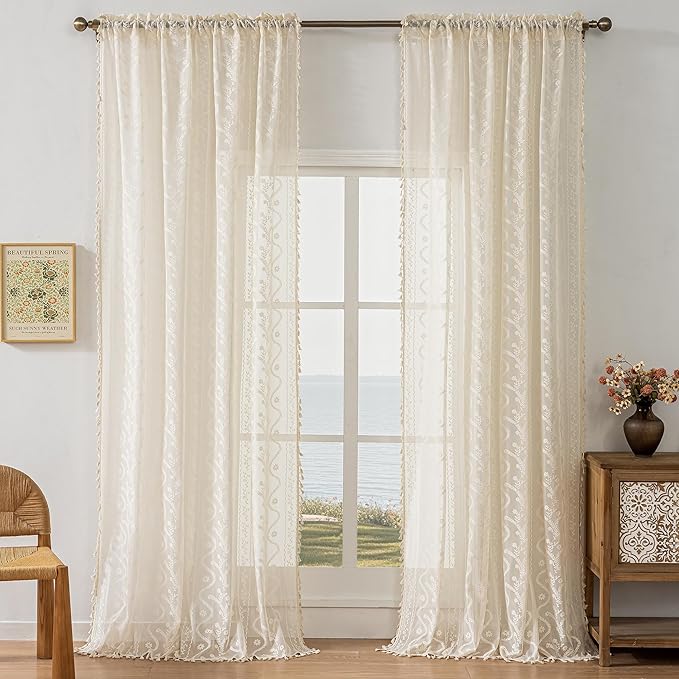 WAZZIO Boho Lace Curtains 2 Panels 105 Inches -Cute Vintage Victorian Sheer - Image 4