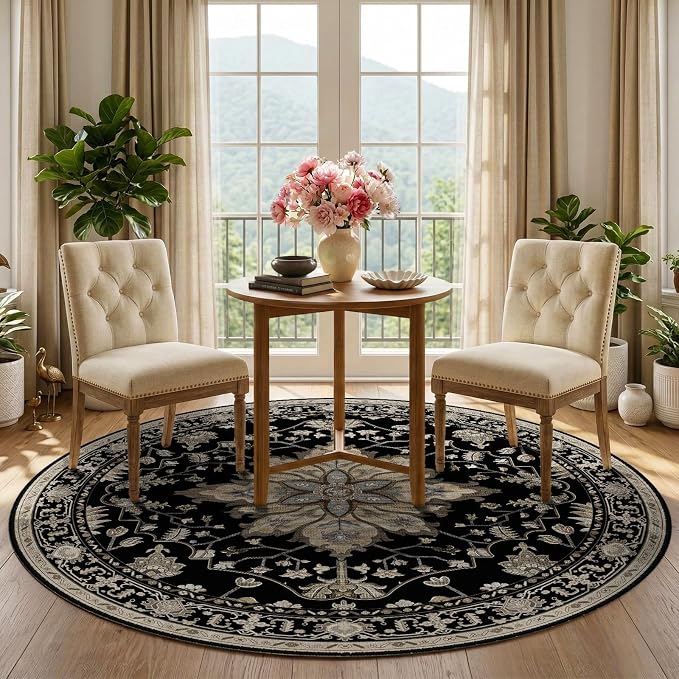 Area Rugs 5ft Washable Non-Slip, Floral Vintage Distress Print Pattern - Image 2