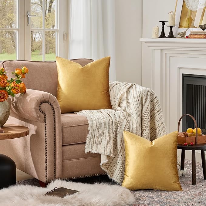 GIGIZAZA Golden Throw Pillow Covers 16x16 Decorative Velvet Cushion Covers Pack - Image 3