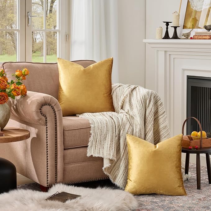 GIGIZAZA Golden Throw Pillow Covers 26x26 Decorative Velvet Cushion Covers Pack - Image 2