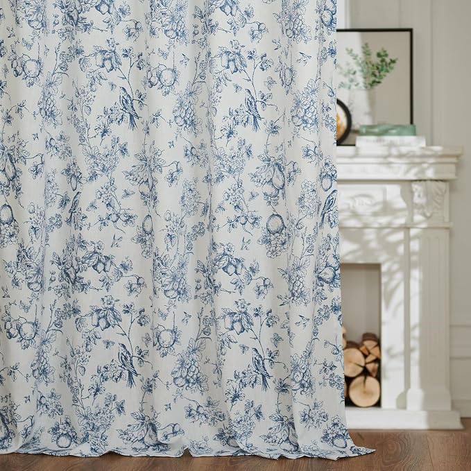 jinchan Linen Floral Curtains for Living Room 63 Inch Length Blue Printed - Image 6