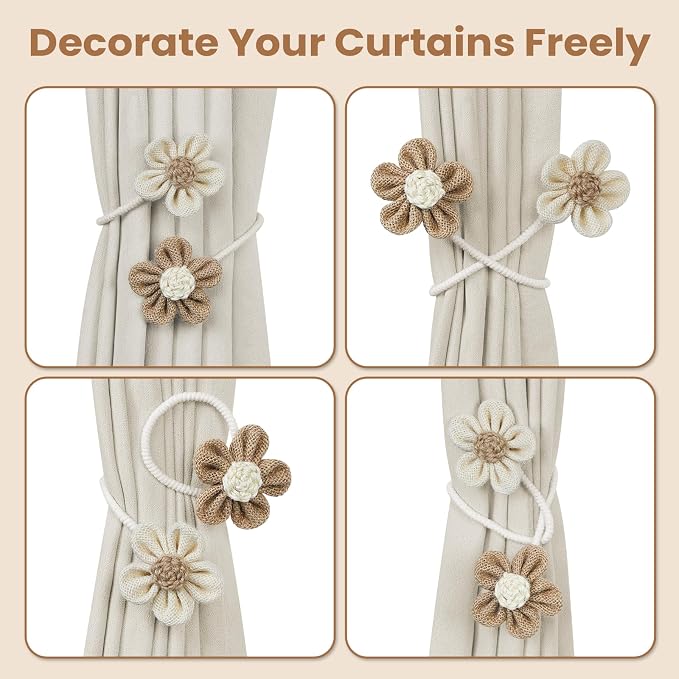 KLOGTSIND Flower Curtain Tiebacks, 4 Pack Boho Curtain Ties Elegant DIY Curtain - Image 4