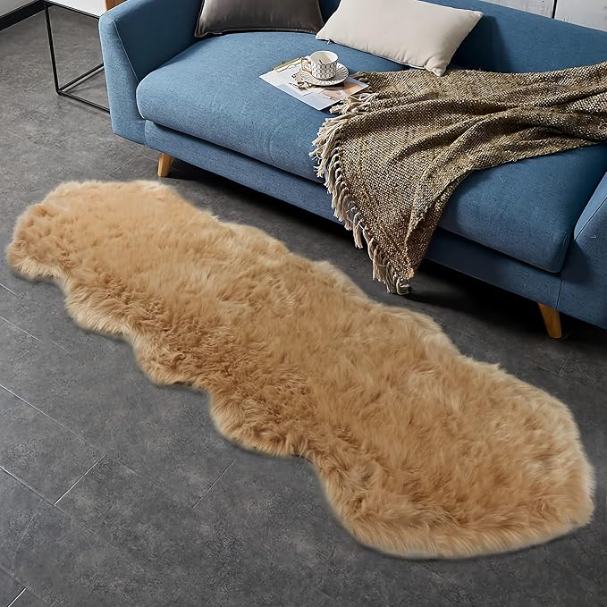 duduta Beige Faux Sheepskin Runner Rugs 2x6 ft, Fluffy Shag Bedroom Rug Fur - Image 7