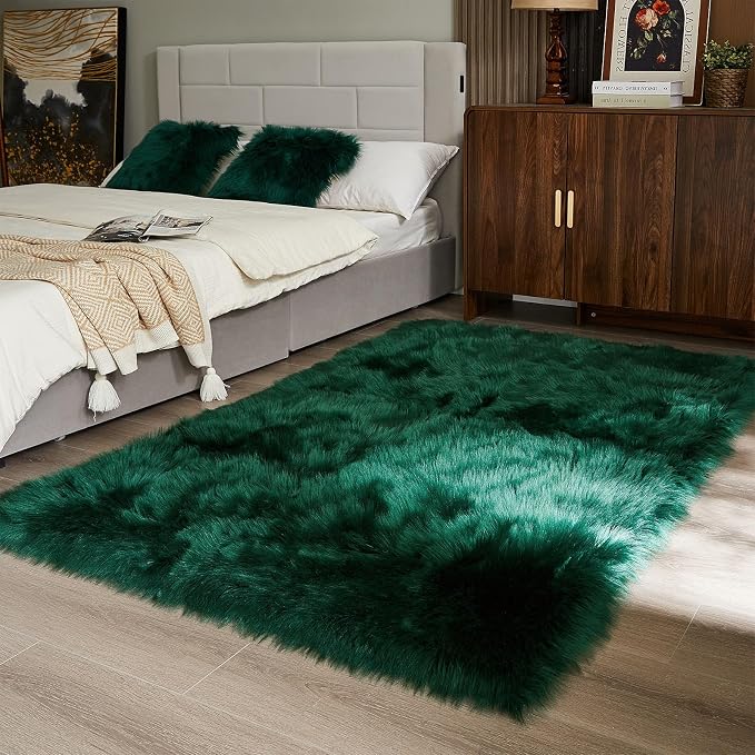AMTOVO Faux Fur Sheepskin Rug for Living Room, 4 x 6 ft Dark Green Fluffy Area - Image 5