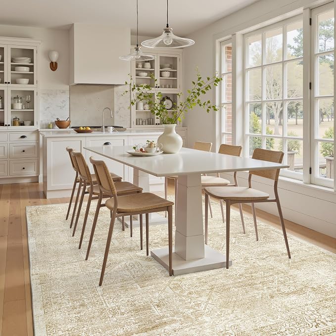 5x7 Area Rugs Beige Low Pile Indoor Washable Trendy Faded Style Floral Rugs - Image 8