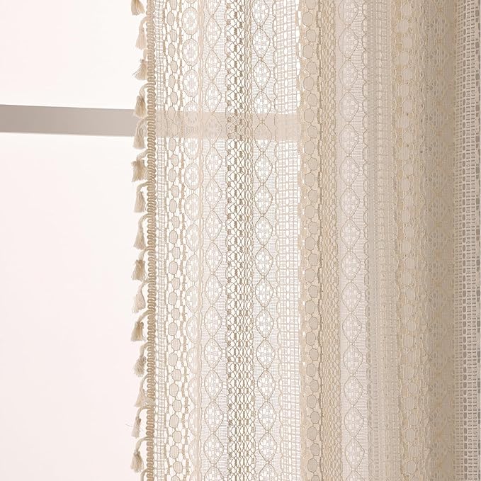WAZZIO Boho Lace Curtains 63 Inches 2 Panel, Light Filtering Privacy Tassel & - Image 9