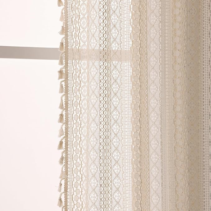 WAZZIO Boho Lace Curtains 96 Inches 2 Panel, Light Filtering Privacy Tassel & - Image 6