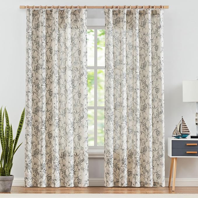 jinchan Floral Curtains 84 Inches Long Black Flower Linen Farmhouse Curtain - Image 2