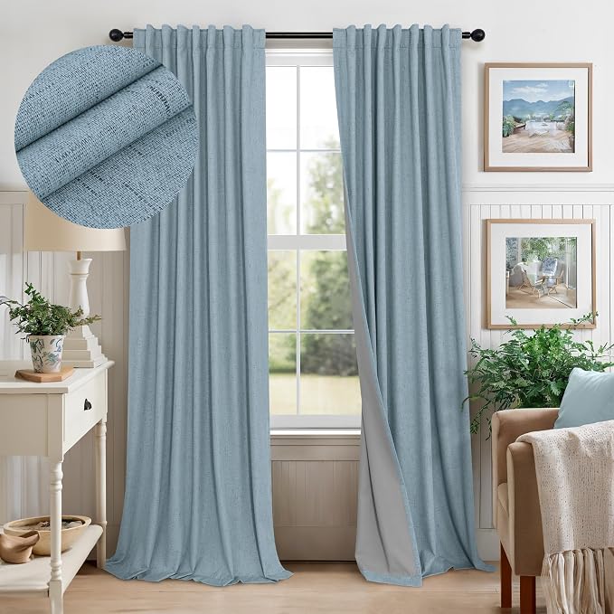 Slate Stone Blue Linen Blackout Curtains 90 Inch Long 2 Panels by Pitalk