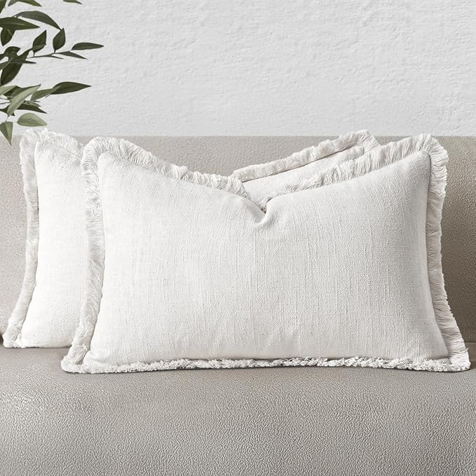 MIULEE Decorative Lumbar Throw Pillow Covers Neutral Linen Fringe Throw Pillows by MIULEE