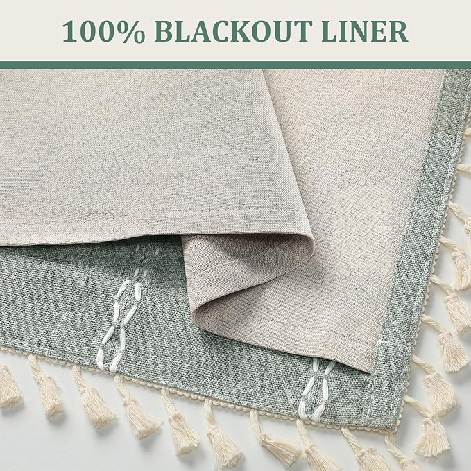 Teal Boho Blackout Curtains 72 Inches Long Light Green Linen Blend 2 Panels - Image 3